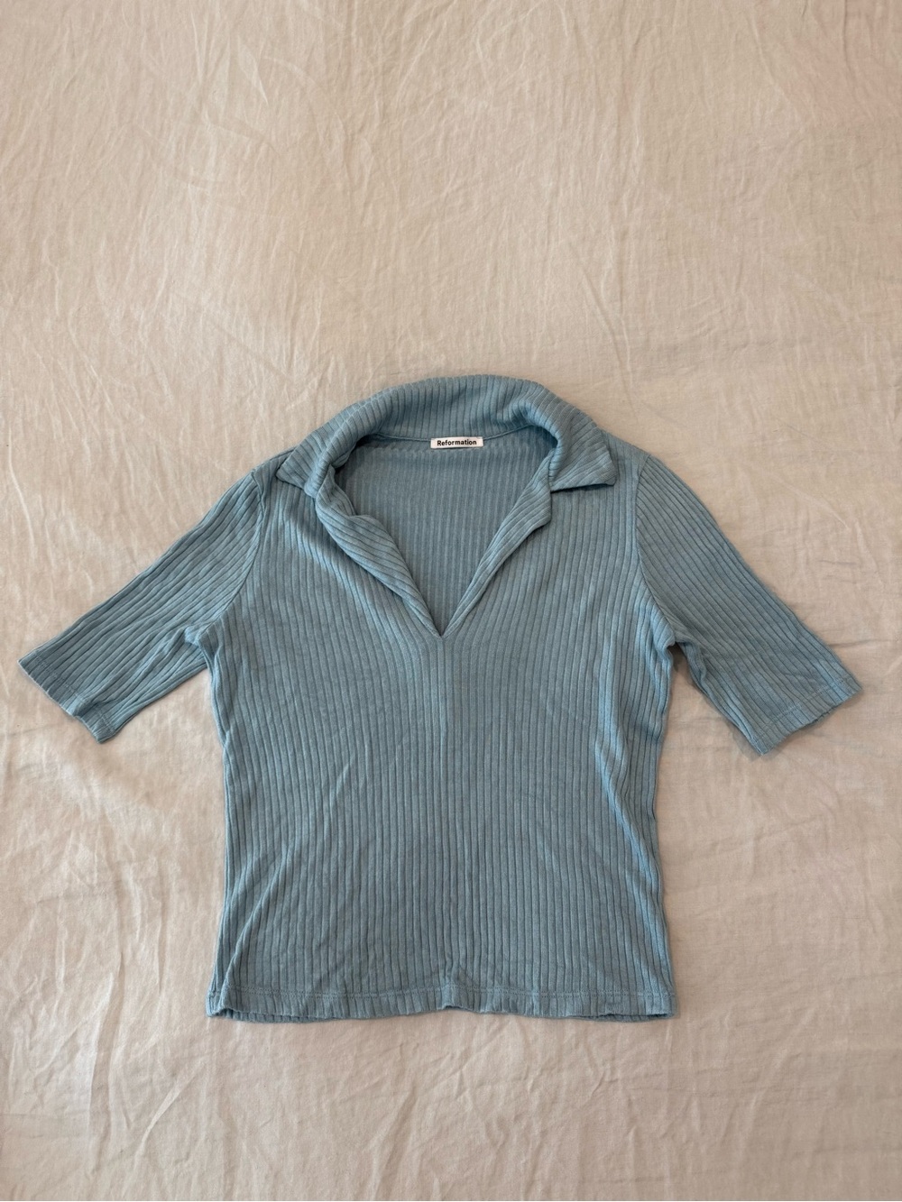 Reformation Ribbed V-Neck Polo Top in Dusty Blue